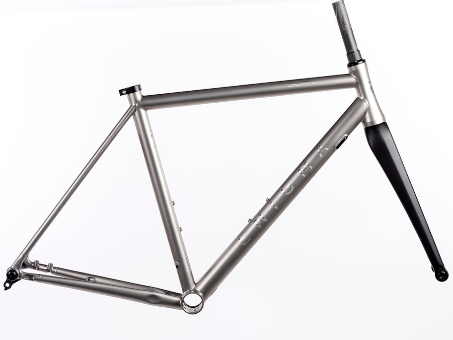Side profile of Enigma Elan titanium road bike frameset showing its fast road geometry