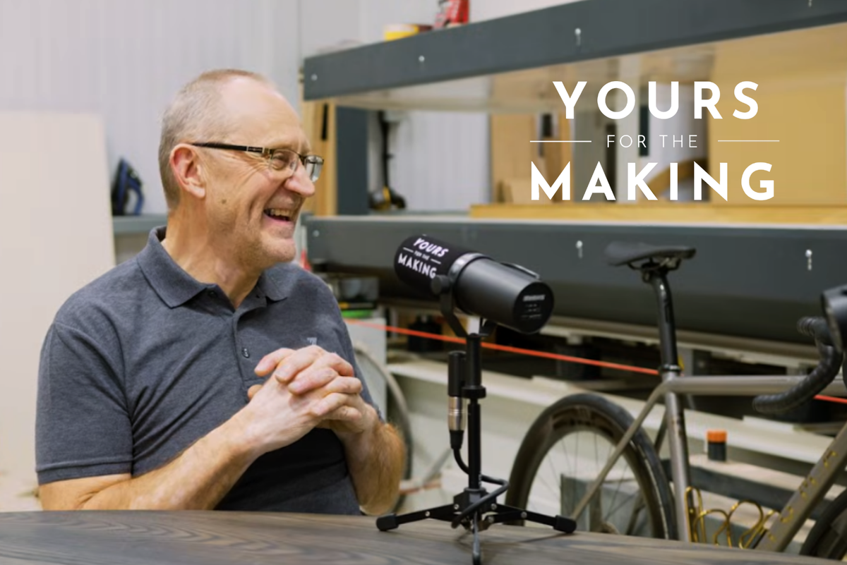 Jim Walker, Founder of Enigma Bicycle Works laughing with Robin Johnson while recording the Yours for the Making podcast episode on titanium bikes