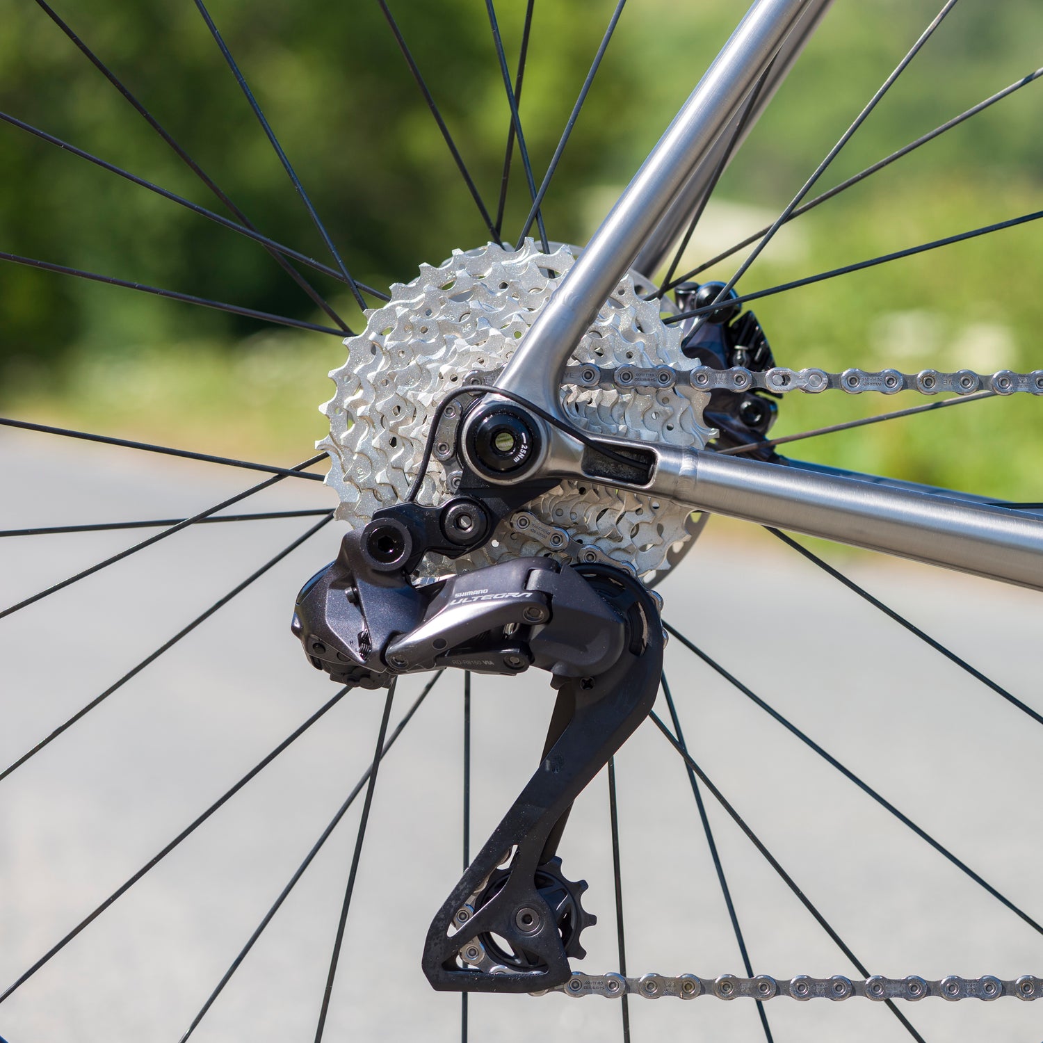 Close-up of the UDH dropout used on the Enigma Elan Titanium frame, built in Sussex, UK
