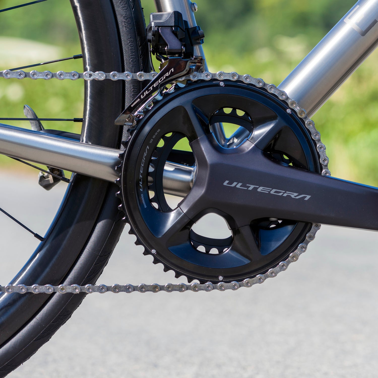 Close up on the Shimano Ultegra 12psd Chainset on the Enigma Elan Titanium Bike