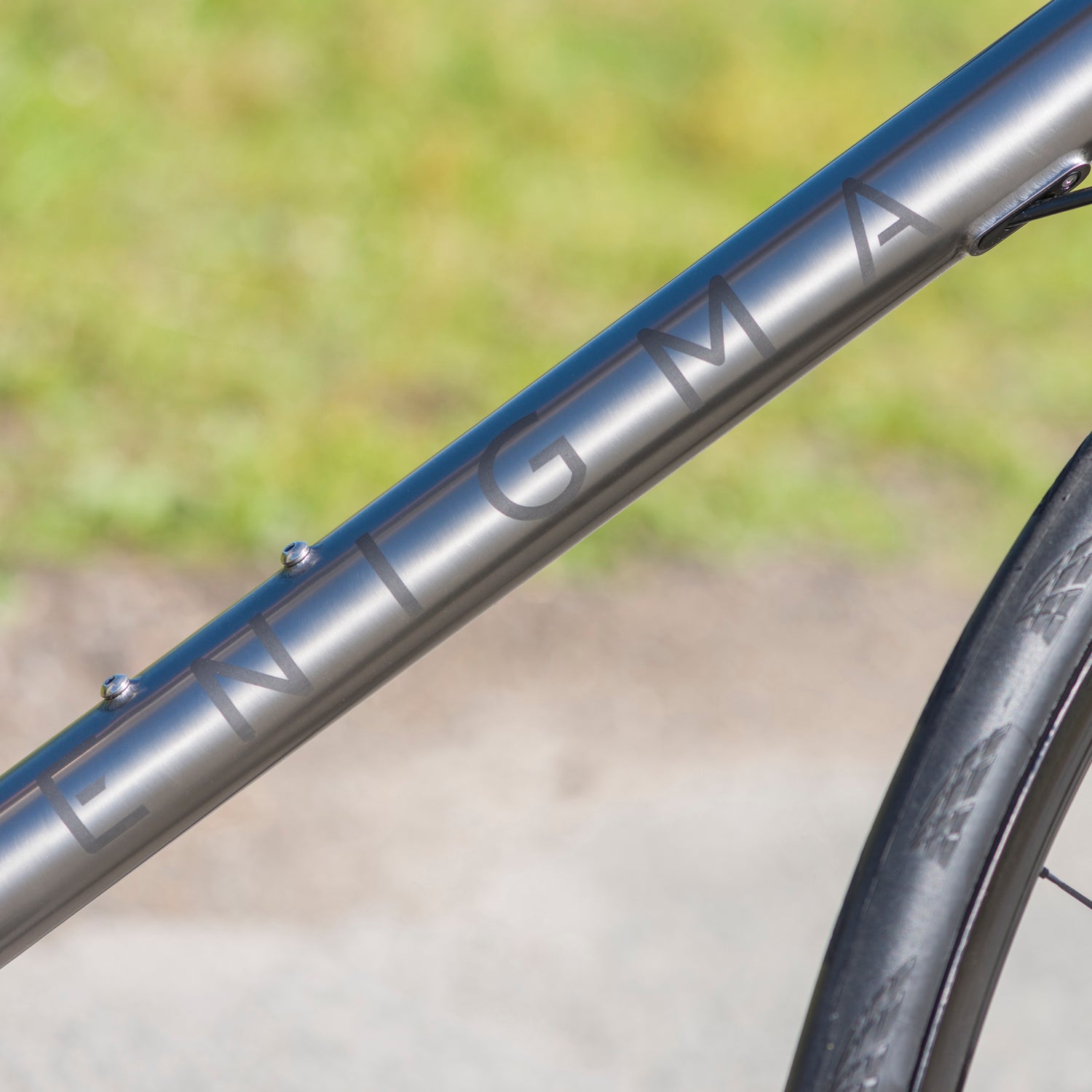 Close up on the Enigma branding on the Enigma Elan Titanium frame, built in Sussex, UK