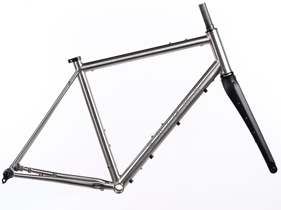 Side profile of Enigma Escape titanium gravel frameset showing balanced gravel geometry