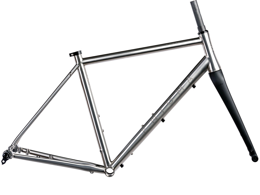 Side profile of Enigma Etape titanium road bike frameset showing endurance geometry